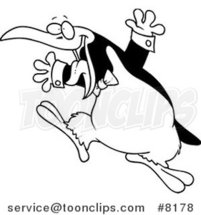 Cartoon Black and White Line Drawing of a Happy Penguin Wearing a Bow by Toonaday