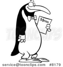 Cartoon Black and White Line Drawing of a Waiter Penguin Holding a Menu by Toonaday