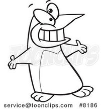 Cartoon Black and White Line Drawing of a Welcoming Penguin by Toonaday