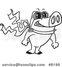 Cartoon Black and White Line Drawing of a Pilot Pig Posing by Toonaday