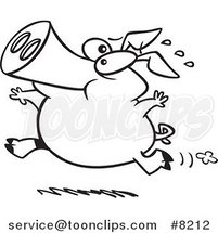 Cartoon Black and White Line Drawing of a Pig Running by Toonaday