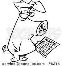 Cartoon Black and White Line Drawing of a Pig Holding a Calendar by Toonaday
