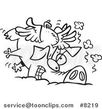 Cartoon Black and White Line Drawing of a Winged Pig Crashing by Toonaday