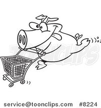 Cartoon Black and White Line Drawing of a Pig Pushing a Shopping Cart by Toonaday
