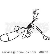 Cartoon Black and White Line Drawing of a Bird on a Pointer Dog's Tail by Toonaday