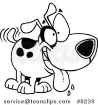 Cartoon Black and White Line Drawing of a Drooling Happy Dog by Toonaday