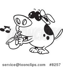 Cartoon Black and White Line Drawing of a Dog Playing a Saxophone by Toonaday