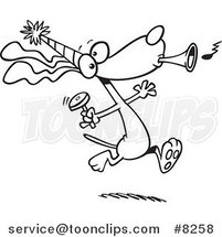 Cartoon Black and White Line Drawing of a Party Dog with Noise Makers by Toonaday