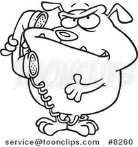 Cartoon Black and White Line Drawing of a Bulldog Talking on a Phone by Toonaday