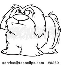 Cartoon Black and White Line Drawing of a Shaggy Dog by Toonaday