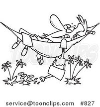 Cartoon Line Art Design of a Happy Guy Relaxing in a Hammock and Watering His Flowers by Toonaday