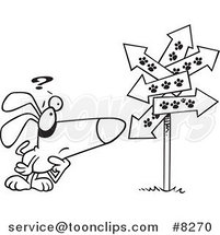 Cartoon Black and White Line Drawing of a Lost Dog Staring at Paw Print Signs by Toonaday