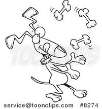 Cartoon Black and White Line Drawing of a Dog Juggling Bones by Toonaday