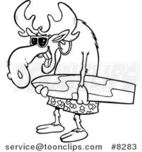Cartoon Black and White Line Drawing of a Surfer Moose Carrying a Board by Toonaday
