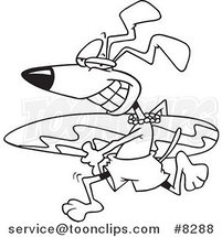 Cartoon Black and White Line Drawing of a Surfer Dog Running with a Board by Toonaday