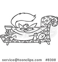 Cartoon Black and White Line Drawing of a Spoiled Cat with Wine by Toonaday