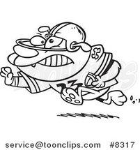 Cartoon Black and White Line Drawing of a Football Bulldog Running with a Straight Arm by Toonaday