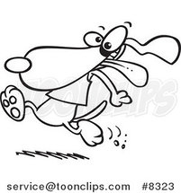 Cartoon Black and White Line Drawing of a Dog Running with His Tongue Hanging out by Toonaday