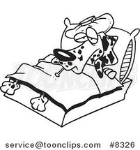 Cartoon Black and White Line Drawing of a Sick Dalmatian in Bed by Toonaday
