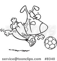 Cartoon Black and White Line Drawing of a Dog Playing Soccer by Toonaday