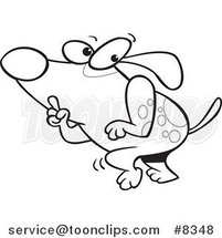 Cartoon Black and White Line Drawing of a Sneaky Dog Tip Toeing by Toonaday