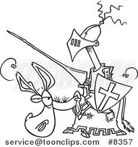 Cartoon Black and White Line Drawing of a Broke Jouster on a Donkey by Toonaday