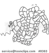 Cartoon Black and White Line Drawing of a Patchwork Elephant by Toonaday