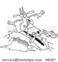Cartoon Black and White Line Drawing of a Surfer Goat by Toonaday