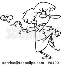 Cartoon Black and White Line Drawing of a Business Woman Fed up with Her Cell Phone by Toonaday