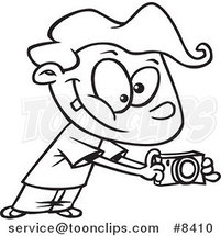 Cartoon Black and White Line Drawing of a Boy Using His Camera by Toonaday