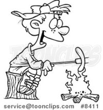 Cartoon Black and White Line Drawing of a Boy Roasting a Weenie over a Campfire by Toonaday