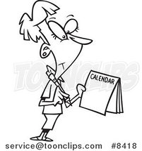 Cartoon Black and White Line Drawing of a Business Woman Marking Her Calendar by Toonaday