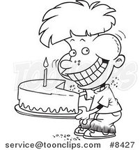 Cartoon Black and White Line Drawing of a Birthday Boy Eating an Entire Cake by Toonaday
