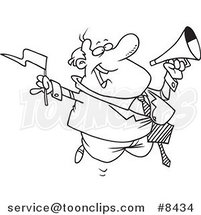 Cartoon Black and White Line Drawing of a Business Man Waving a Flag and Using a Megaphone by Toonaday