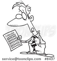 Cartoon Black and White Line Drawing of a Business Man Holding a Calendar by Toonaday