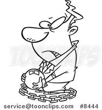 Cartoon Black and White Line Drawing of a Chained Business Man Carrying a Ball by Toonaday