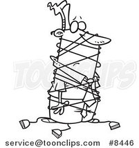 Cartoon Black and White Line Drawing of a Business Man Tangled in Cables by Toonaday