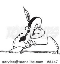 Cartoon Black and White Line Drawing of a Native American Boy in a Canoe by Toonaday