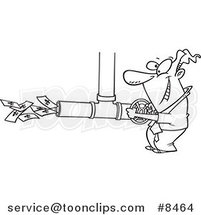 Cartoon Black and White Line Drawing of a Business Man Adjusting the Cash Flow by Toonaday