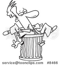 Cartoon Black and White Line Drawing of a Canned Business Man Stuck in a Garbage Can by Toonaday