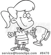 Cartoon Black and White Line Drawing of a Soccer Girl Holding a Trophy by Toonaday