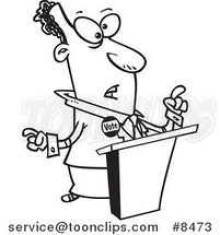 Cartoon Black and White Line Drawing of a Black Politician at a Podium by Toonaday