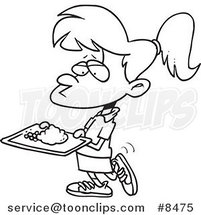 Cartoon Black and White Line Drawing of a Girl Carrying Cafeteria Food by Toonaday