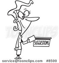Cartoon Black and White Line Drawing of a Business Woman Putting a Comment in a Suggestion Box by Toonaday