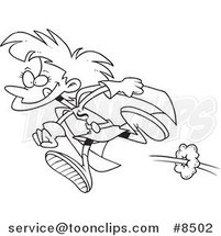 Cartoon Black and White Line Drawing of a Super Girl Running by Toonaday