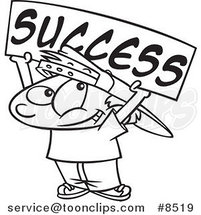 Cartoon Black and White Line Drawing of a Boy Holding a Success Banner by Toonaday