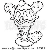 Cartoon Black and White Line Drawing of an Ice Cream Sundae by Toonaday
