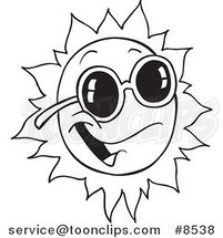 Cartoon Black and White Line Drawing of a Happy Sun Wearing Shades by Toonaday