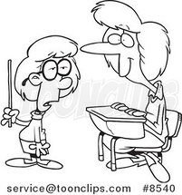 Cartoon Black and White Line Drawing of a Smart School Girl Giving Her Teacher a Lesson by Toonaday