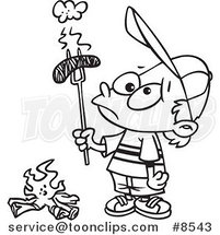 Cartoon Black and White Line Drawing of a Boy Holding a Burnt Weenie over a Fire by Toonaday